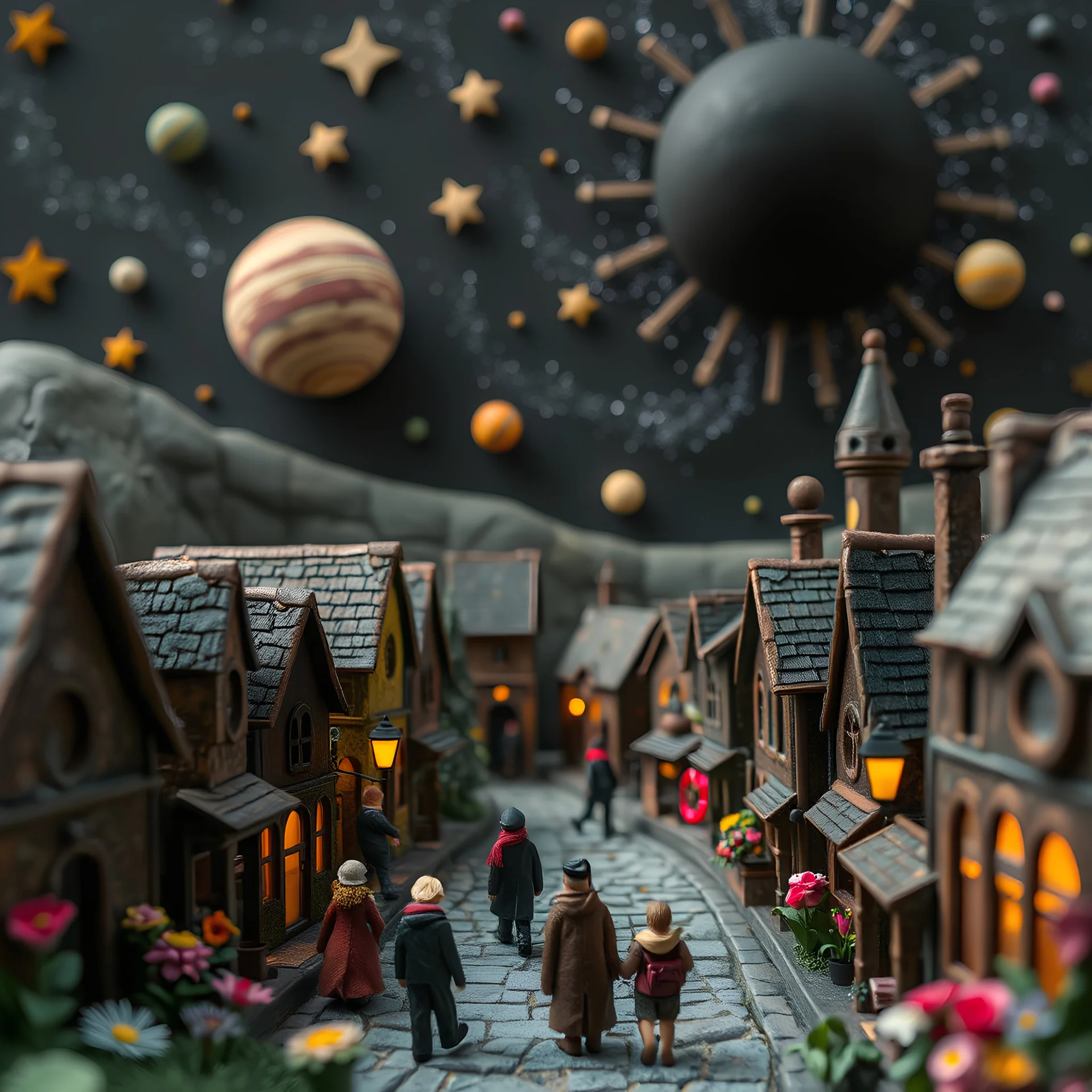 Detailed, people, street made of modeling clay and felt, village, stars, galaxy and planets, black sun, volumetric light, ZBrush, Max Ernst, flowers, naïve, Tim Burton, strong texture, extreme detail, Yves Tanguy, decal, rich moody colors, sparkles, Harry Potter, bokeh, odd