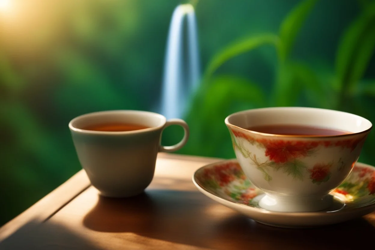 steaming tea in a beautiful china cup on a wooden table, rainforest and a waterfall in the distance in sunshine, ethereal, cinematic postprocessing, bokeh, dof