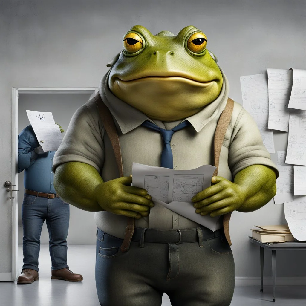 photo of a fat yellow-green color anthropomorphic frog in simple human cloths and take between his hands many paper in office, on the wall hang an wall board with some written sheets of paper, in background standing an anthropomorphic strong gray rhinoceros in blue jeans and in t-shirt behind in halb open door , dark colors, detailed 3d, sci-fi, fantasy mood