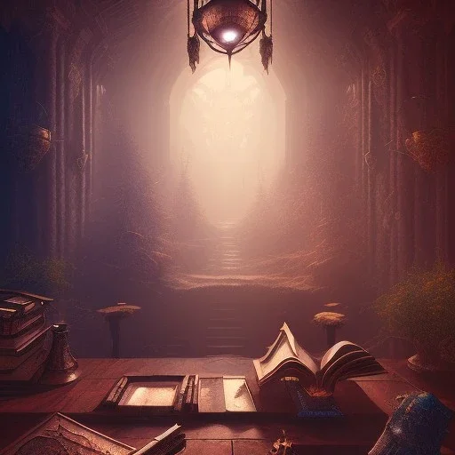 dark fantasy concept art, dynamic lighting, hyperdetailed, intricately detailed, Splash screen art, deep color, Unreal Engine, volumetric lighting, fantasy library artwork, indoors, cozy, leather, wood, library, books,