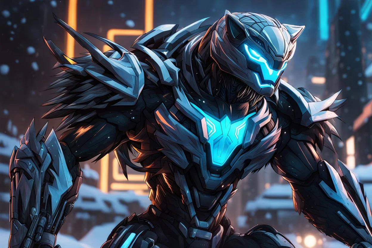 Symbiote Cyber Machine volibear in 8k anime realistic drawing style, thunder, neon effect, close picture, snow, apocalypse, intricate details, highly detailed, high details, detailed portrait, masterpiece,ultra detailed, ultra quality