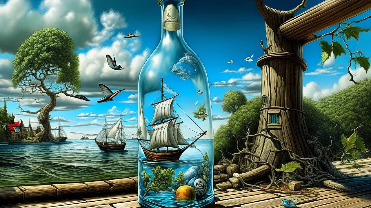 hybrid anamorphic trompe l'oeil winebottle with fishbowl full of cloud dreaming a tree thinking a sailship exhalating a bird with electric paws