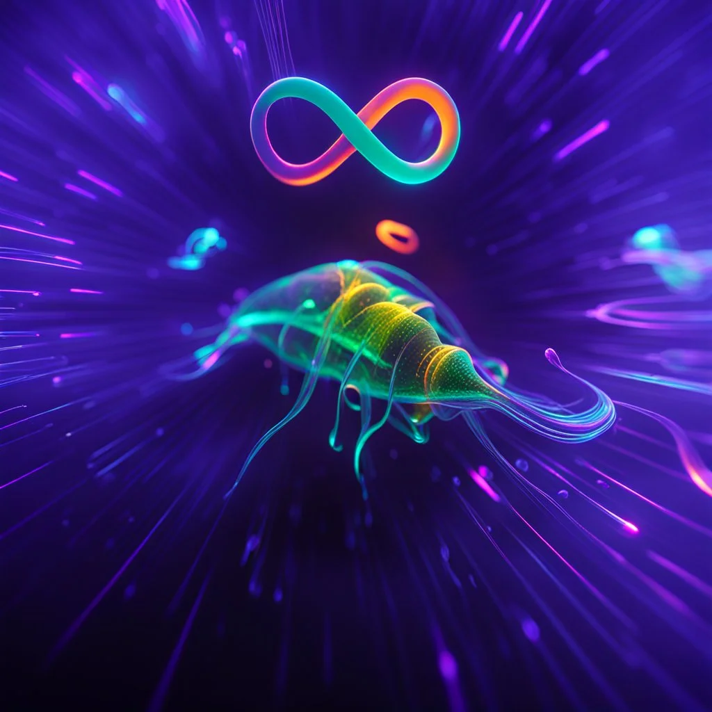 infinity symbol ∞ with vibrant single Bioluminescent Plankton in water, striking, neon, chiaroscuro, dramatic, captivating, powerful, fantasy, beautiful, octane render, 16k post-production, artstation: award-winning: atmospheric: commanding: fantastical: clarity: ultra quality: striking: brilliance: stunning colors: amazing depth; lens: f/11, 35mm