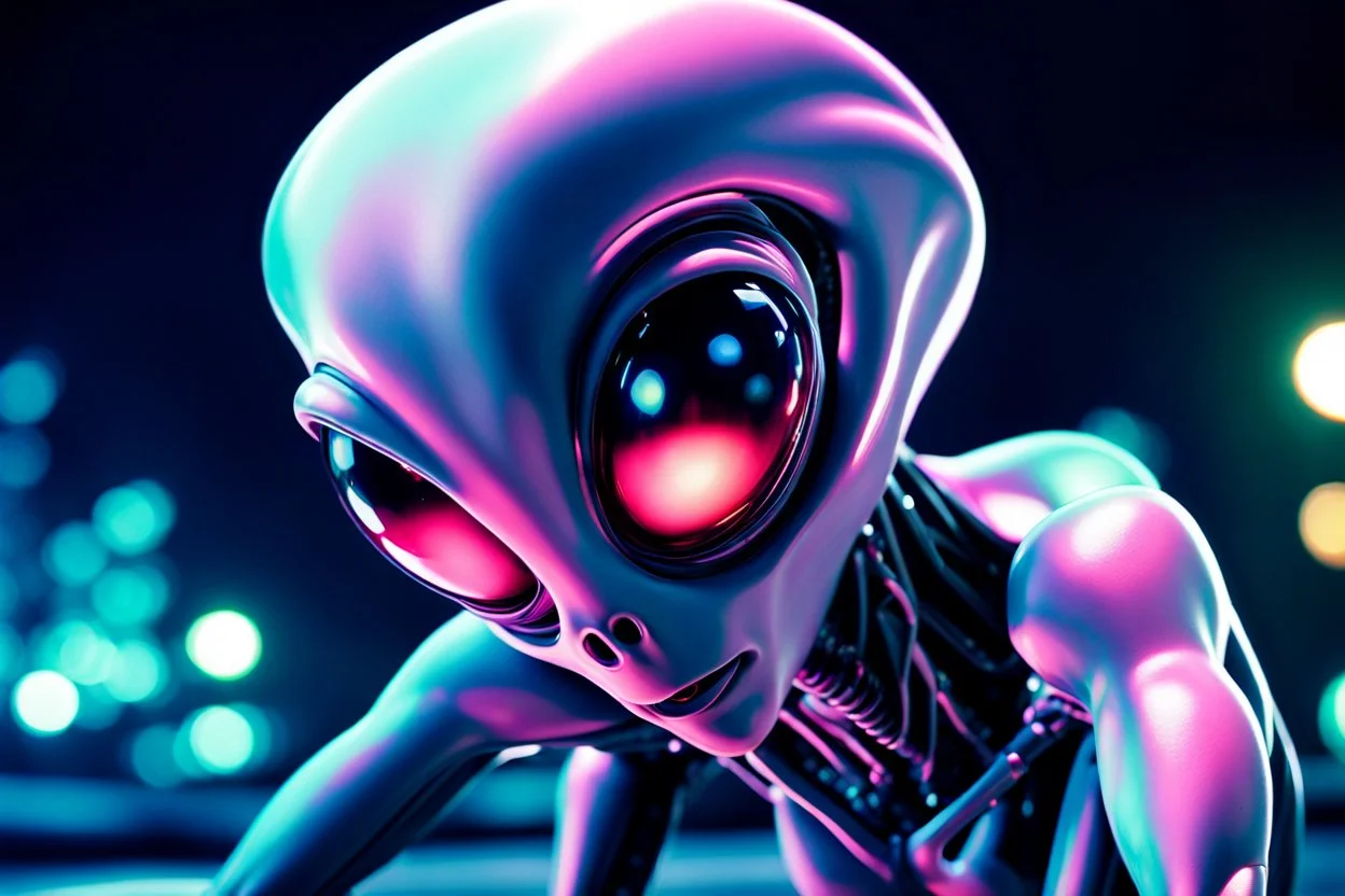 sad Alien, nighttime, Hyper detailed, Realistic, Extreme depth of field, bokeh blur, in the style of candid, imperfection, natural lighting, cinematic, Fuji Film, Anamorphic lens, 1993,