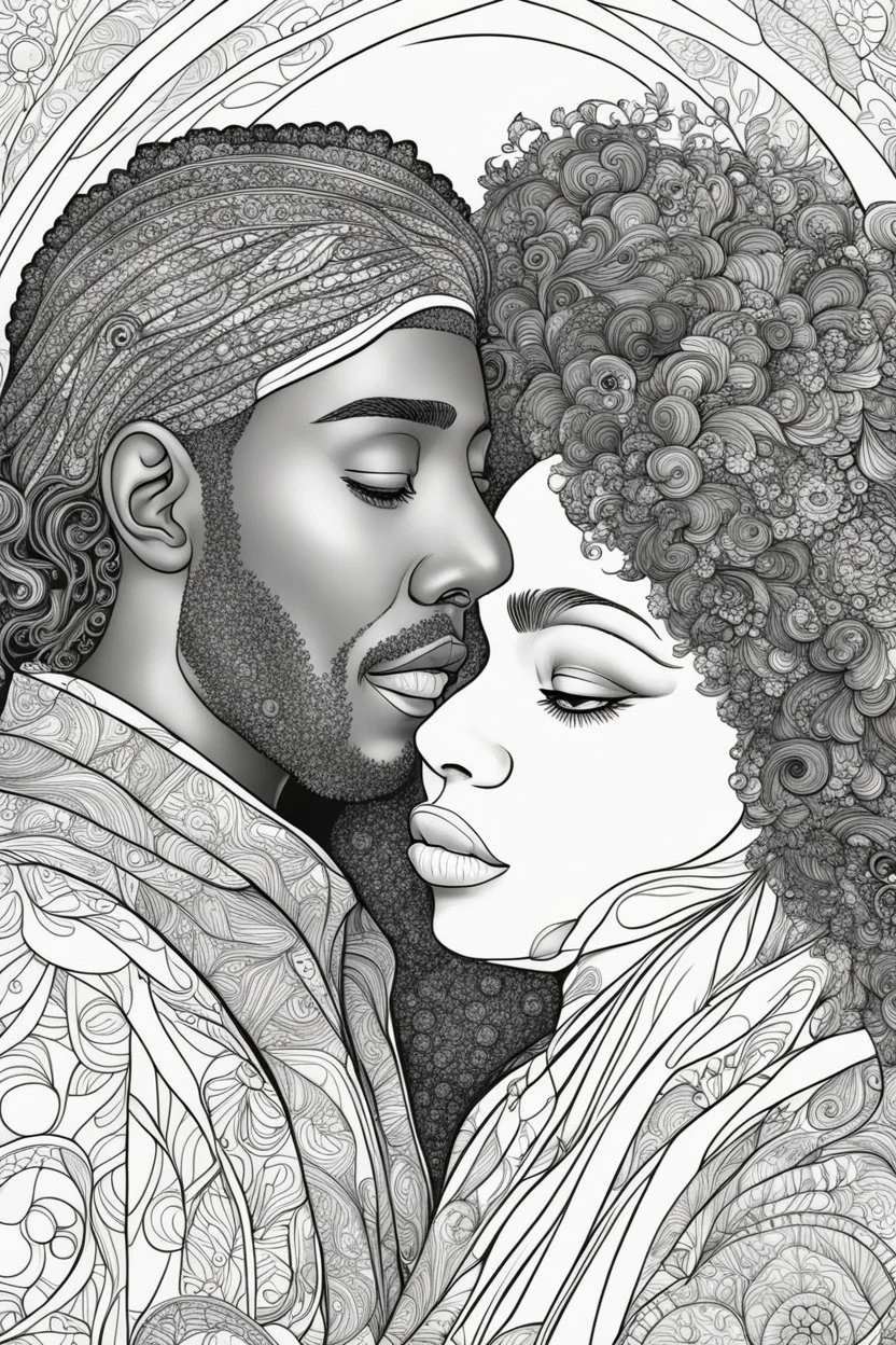 Coloring book page, black and white, Black couple in love, high detail, thick lines