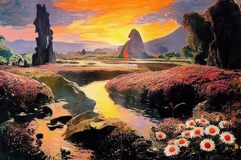 Beautiful epic sunset, logan's run 1976 movie influence, cosmic, people, rocks, holiday influence, river, flowers, very epic and philosophic, walter leistikow, alfred munnings, and hans am ende impressionism paintings