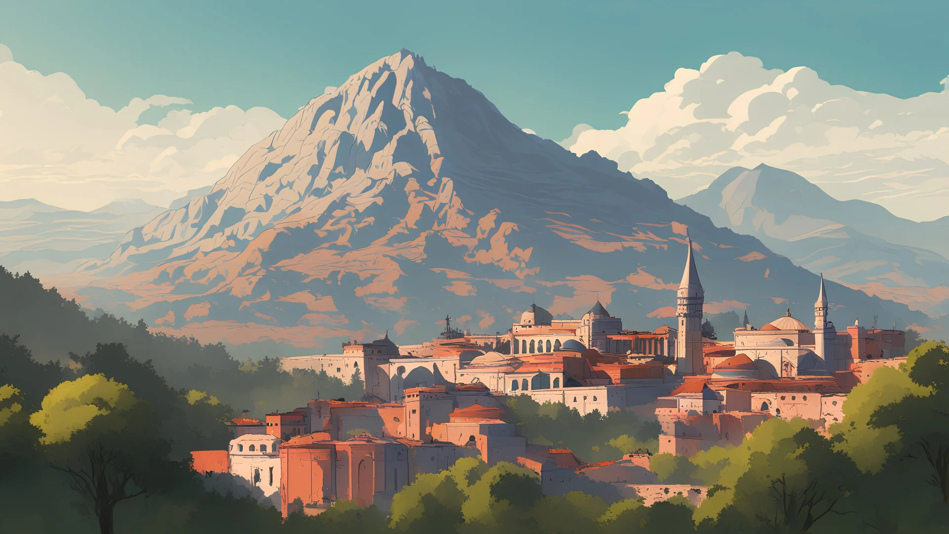 Iran. Istanbul. Vector. زیارتگاه کوچک. پرچم سبز. i. Iran. 2D animated. 1900 AD. Digital painting, inside. Minimal. Mountain. .شیخ. مکتب نقشبندی. Iran. ایران. کردستان. Naqshbandi. Monastery. Kurdistan. Stone house school. Students of jurisprudences. Old home school.