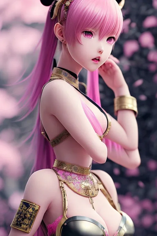 Detailed cute anime Kunoichi girl, pink hair buns, pink bangs, black latex bodysuit, intricate details, full body portrait, keep head in frame, slight smile, black Japanese motif, concept art, highly detailed, digital painting, concept art, sharp focus, illustration, art by Yoji Shinkawa, WLOP and greg rutkowski and alphonse mucha and artgerm and yanjun Chen and Junji ito and Makoto Shinkai, HDR, octane render