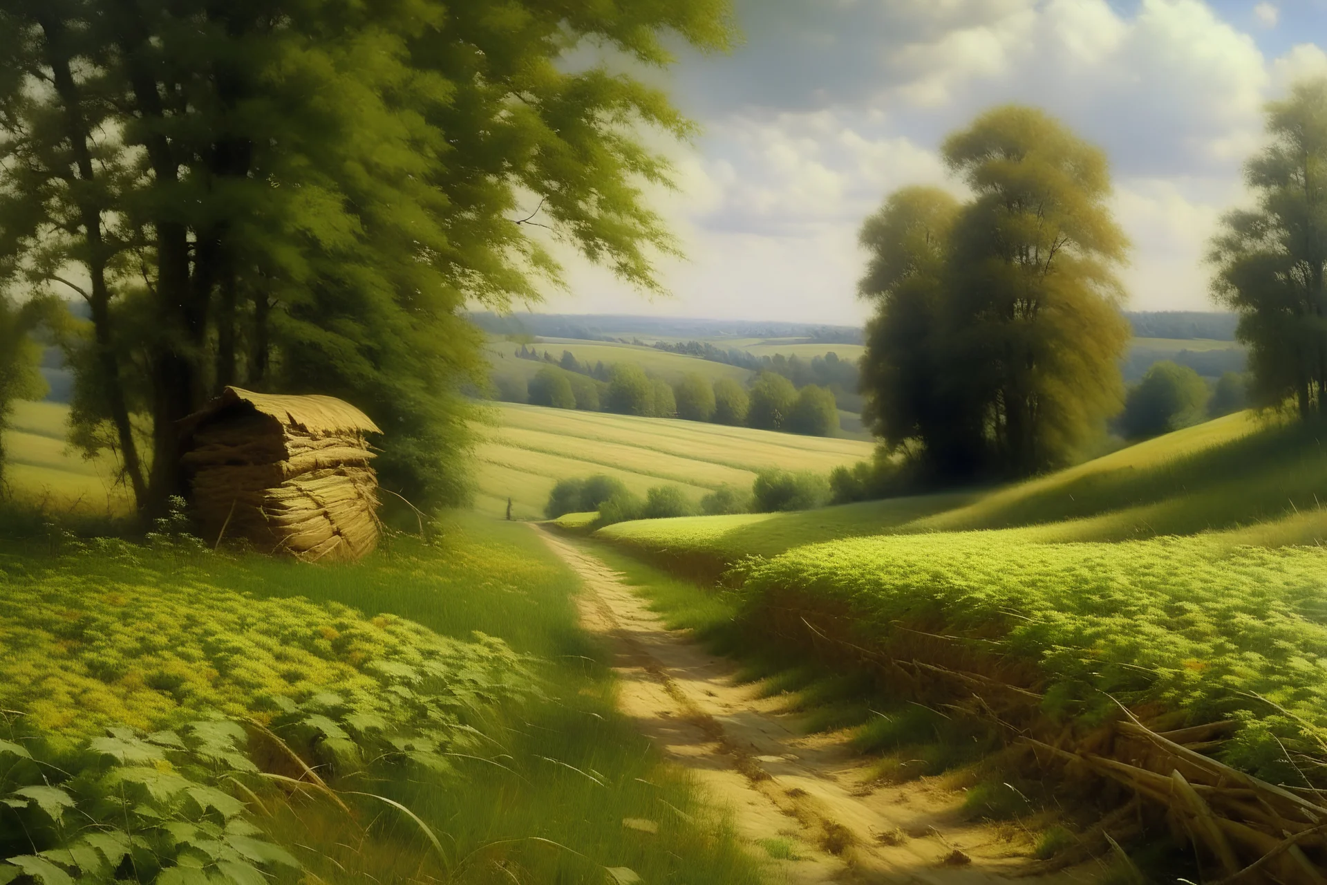 Peder Mork Monsted style,Hungary, field, haystack, dirt road, forest in the distance, summer