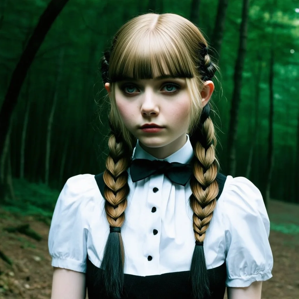 dakota fanning as Wednesday addams, braids, bangs, in tge woods