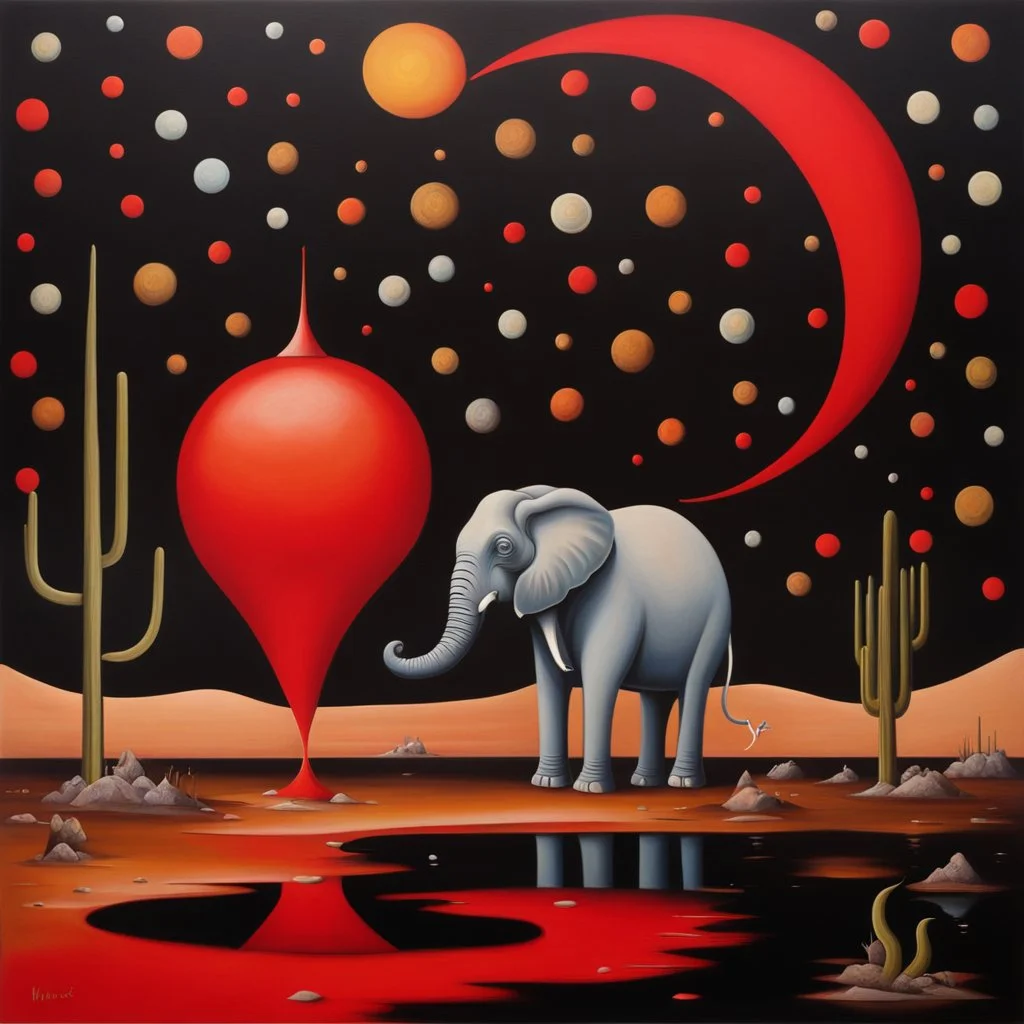 by Desmond Morris, weird grim desert wonderland, surreal elephant drinking from a red pond, matte oil painting, dark colors