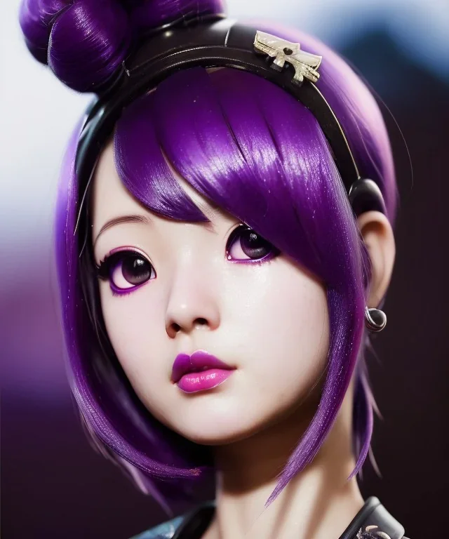 Detailed cute anime Kunoichi girl, purple hair buns, purple bangs, black latex bodysuit, intricate details, full body portrait, keep head in frame, slight smile, black Japanese motif, concept art, highly detailed, digital painting, concept art, sharp focus, illustration, art by Yoji Shinkawa, WLOP and greg rutkowski and alphonse mucha and artgerm and yanjun Chen and Junji ito and Makoto Shinkai, HDR, octane render