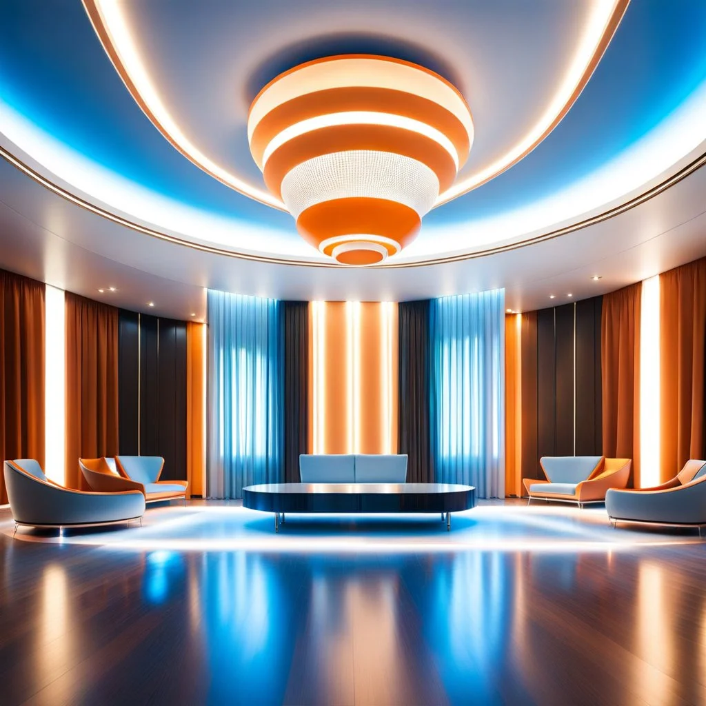 beautiful dance stage in luxury modern hall dynamic lights, modern furniture light blue & orange theme