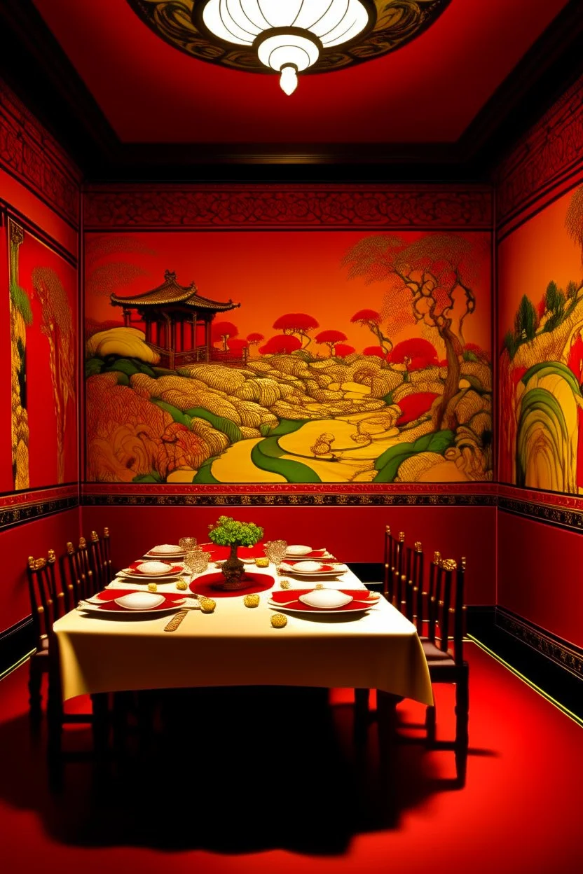 An orangish red Japanese hibachi restaurant designed in Bayeux tapestry painted by Gustav Klimt