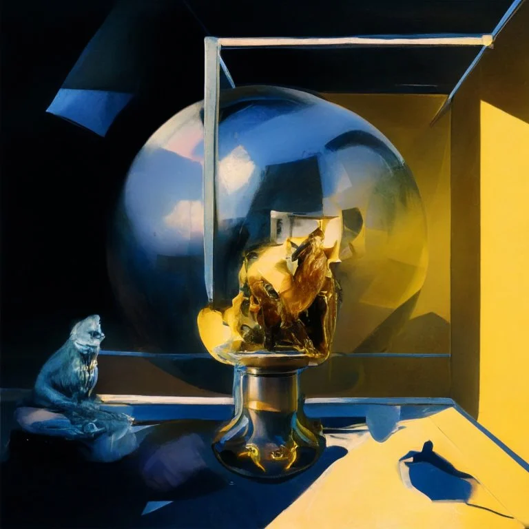 Abstract painting formed by a mix of human flesh-like surgical instruments and universe-like neuralink, a cat looking at a pigeon inside a huge bulb between light and shadow at dusk,surrealism,minimalism,Painting By Adrian Ghenie, Rene Magritte, Salvador Dali, Lucian Freud