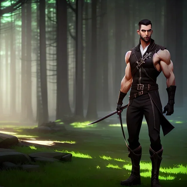 muscular male ranger, slender build, leather pants, black fur boots, belt, short beard, long brown hair, stoic, bow, green eyes, eyes are both in proportion, 3/4 look, standing, dark cobblestone alley, forest, fire behind, intense, non-photorealistic rendering in the art style of j.scott campbell