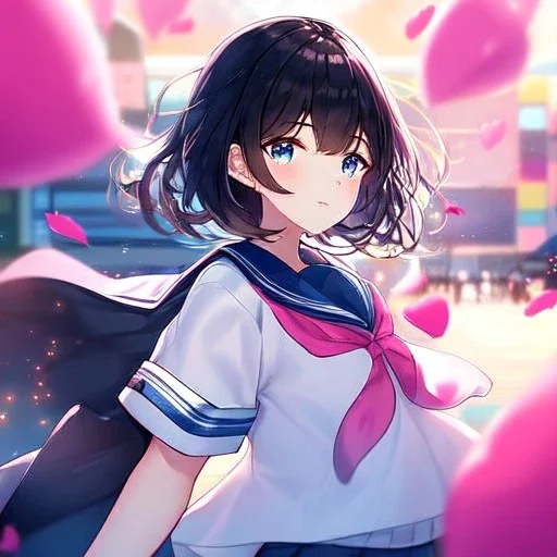 Clear focus,High resolution, Black short fluffy hair, and blue eyes, wearing a sailor uniform, pink hearts around her