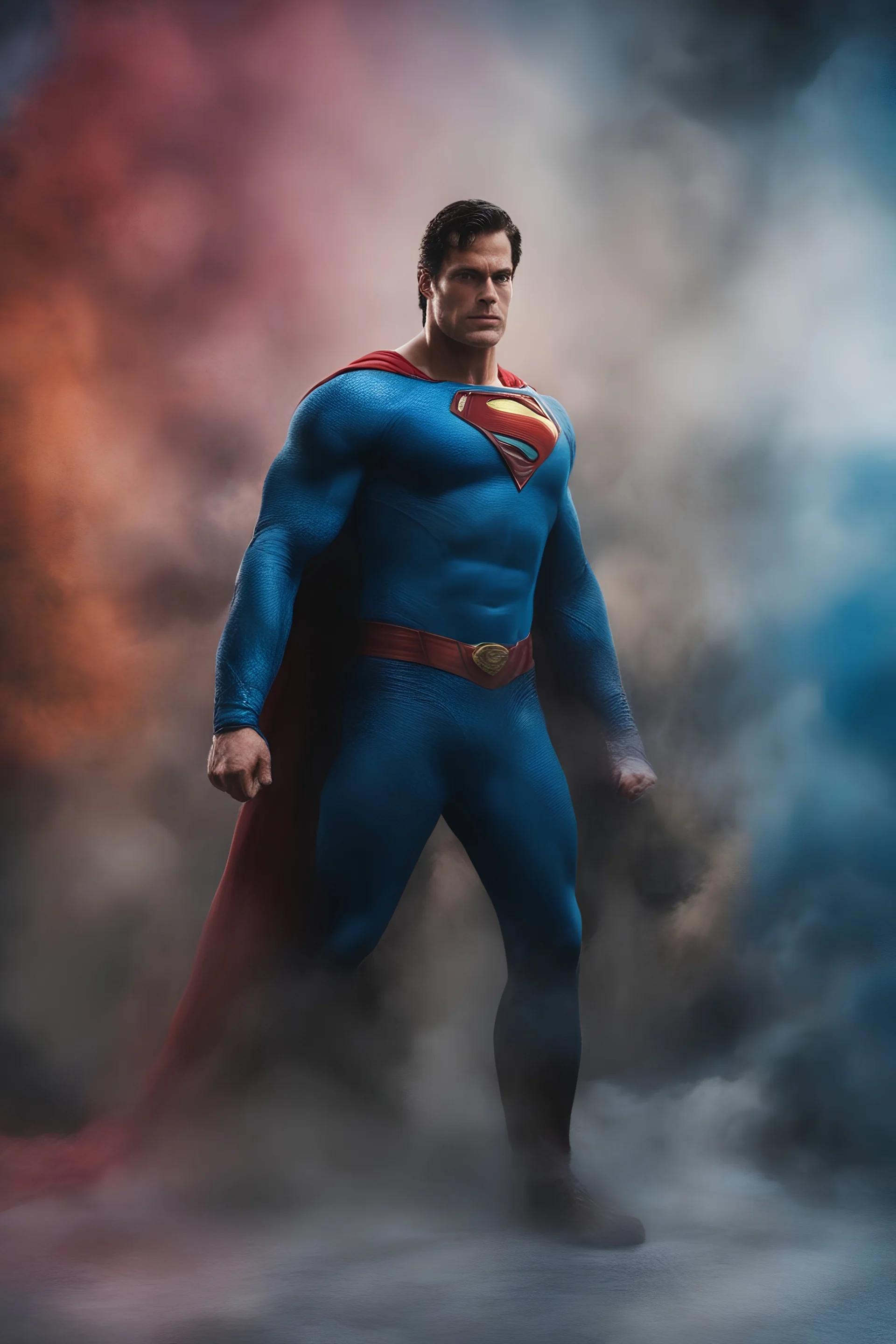 Superman, Christopher Reeve/Henry Cavill/David Corenswet Superman, extremely huge, overexaggerated muscles, posing and flexing in a front of the camera, random extreme action poses, an extremely colorful, multicolored foggy blue marble wall in the background with a colorful marble tile floor, multicolored lightning, realism engine,