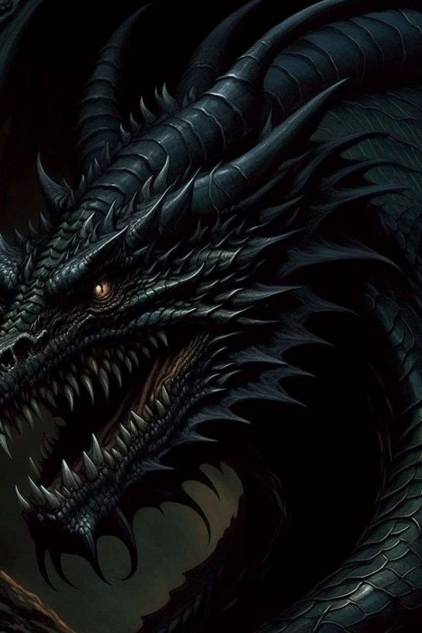 90s dark fantasy art, illustration of a black dragon