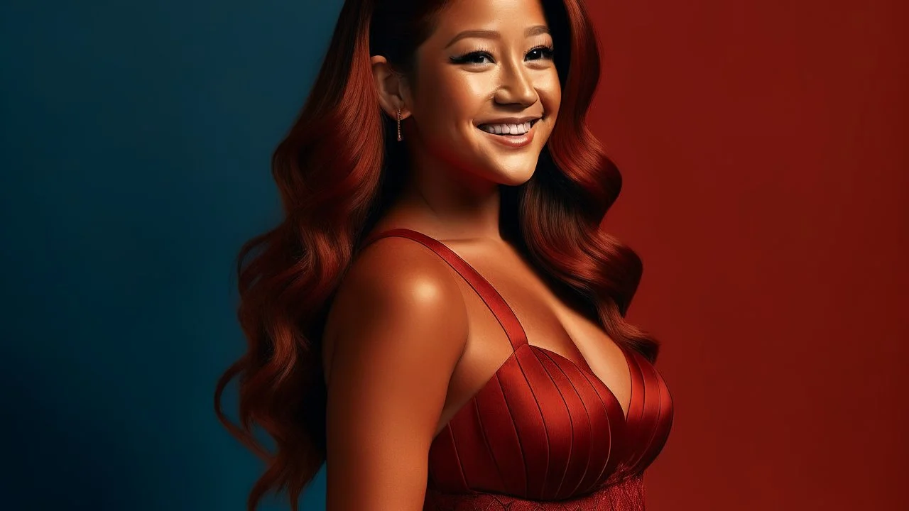 Gina Rodriguez fully transformed into a german redhead, Curvaceous silhouette, radiant glow, flowing maternity gown, expressive eyes, fiery red tresses, youthful grace, maternal strength, poised posture, harmonious transformation, unexpected beauty, newfound confidence, maternal elegance, tender curves, round belly, symbolic attire, strength in simplicity, teenage motherhood, glowing complexion, transformative journey, captivating presence.