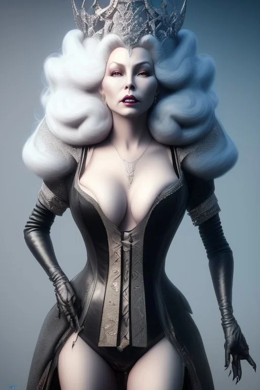 Mae West as evil queen in black leather, leather, busty, cleavage, angry, stern look. character design by cory loftis, fenghua zhong, ryohei hase, ismail inceoglu and ruan jia. unreal engine 5, artistic lighting, highly detailed, photorealistic, fantasy