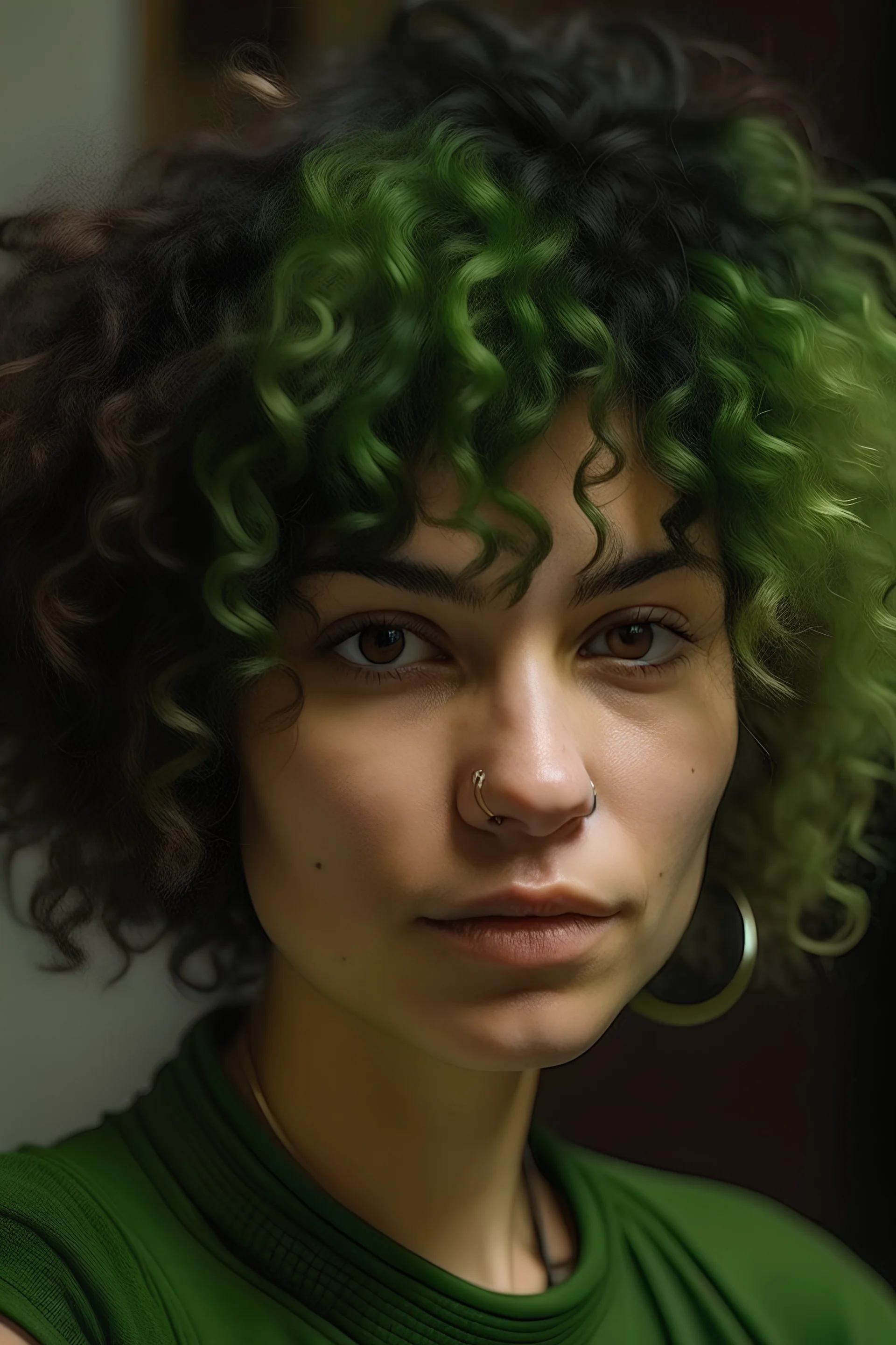 green-skinned woman with short, loosely curly hair