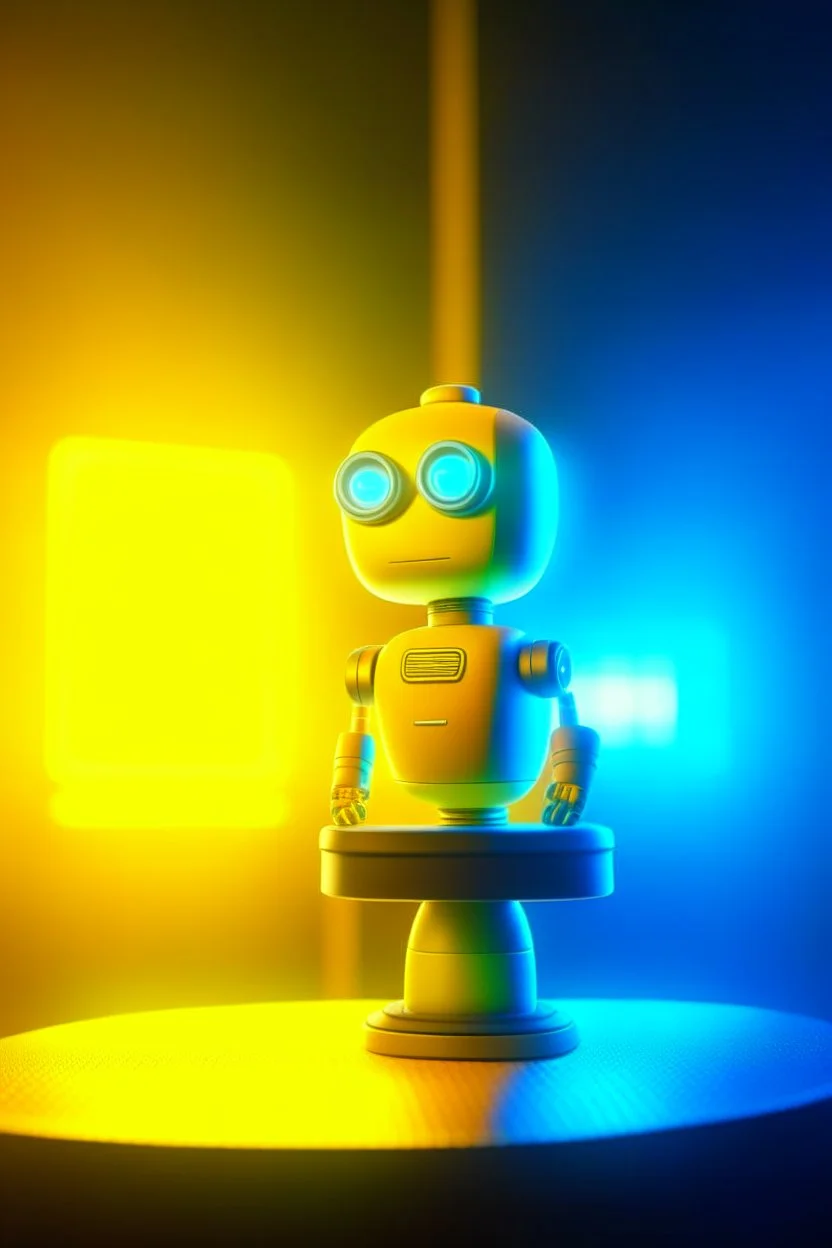 cute adorable chat robot behind podium with expensive microphone, big screens in the background, its such a perfect day i am glad i spent it with you, motion blur, smoke, 4k, downlight, soft light, depth of field, photorealism, trending on art station, yellow, orange and blue