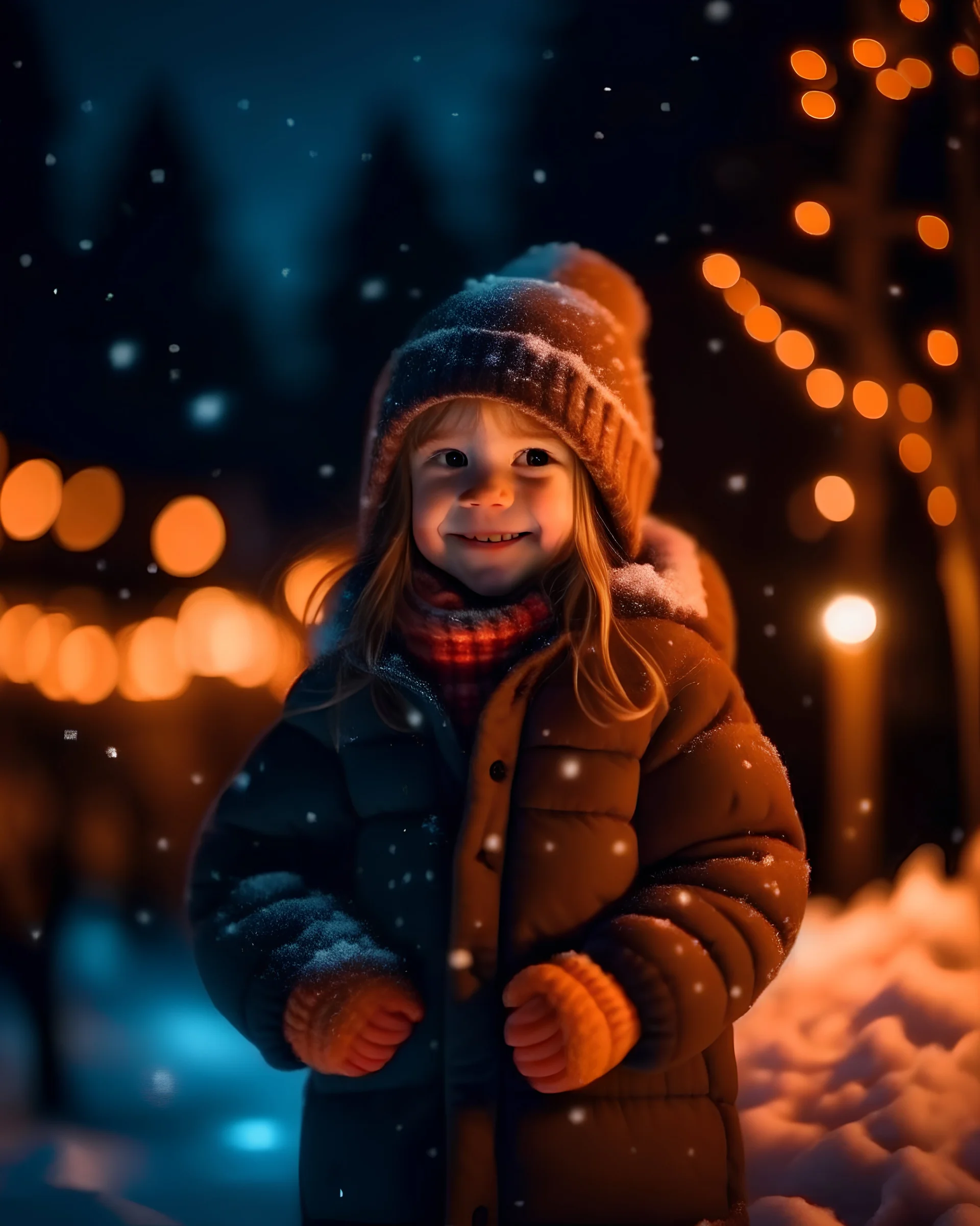 Little girl with christmas lights enjoying the holidays outdoors in snowfall. Happy cute child girl playing with Chistmas festive lights. digital ai