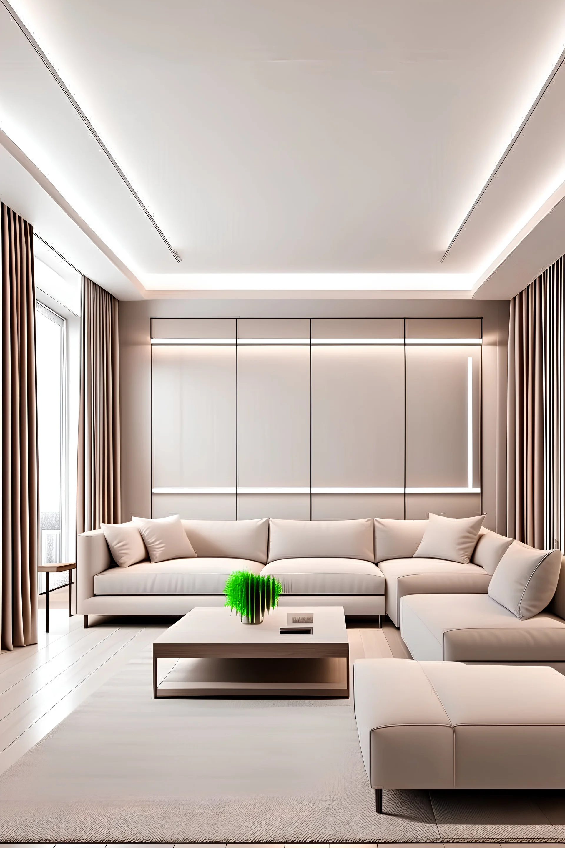 modern room, in 3d with minimalist design, natural and artificial lighting with lamps, in light tones, with modern furniture, wall with molding and routing, light tone, dichroic and lying on two levels, with modern lamps