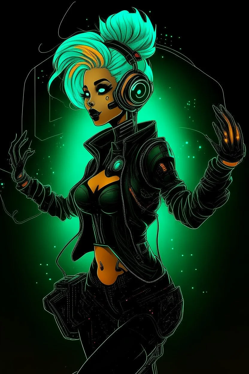 Create a whimsical dancing cyberpunk girl in the vector graphic style of Seb Nirak1