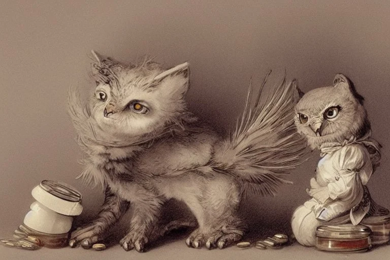 Jean-Baptiste Monge style. Full body of a humanoid biomorph kitten-owl faced nurse in hospital. Pills in jars and piles. A furry striped dress, covered with owl feathers, in sunshine