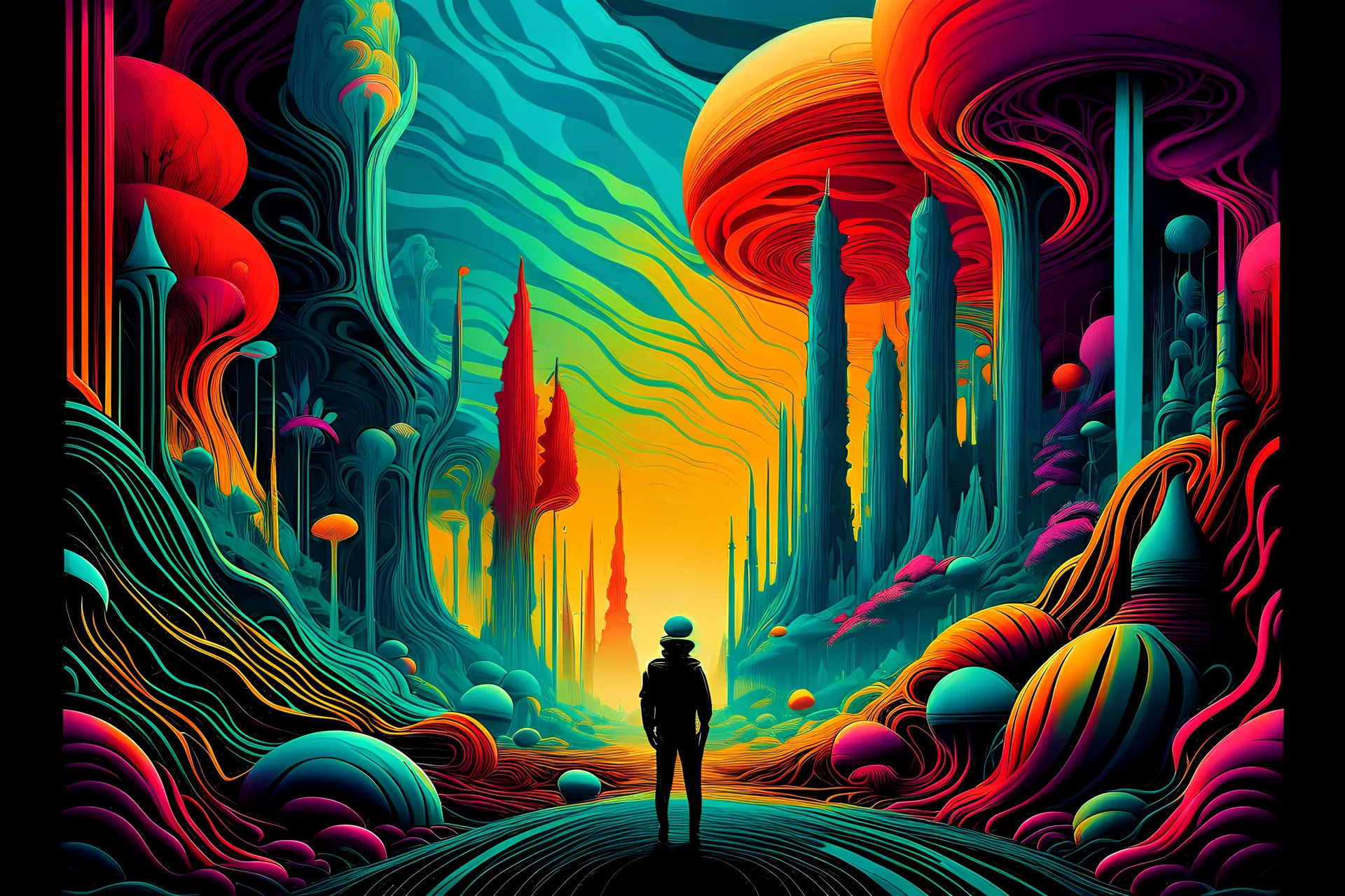 A whimsical and fantastical movie poster rendered in high resolution 4k, featuring a retrofuturist style with bold colors and graphic elements, including vibrant colorful stripes. The image is influenced by the work of artists like H.R. Giger and Beksinski, creating a sense of otherworldly wonder and mystery. The poster transports the viewer to a colorful and fantastical diorama world of "Where the Wild Things Are," set against the backdrop of a beautiful, serene lake with a small boat floating