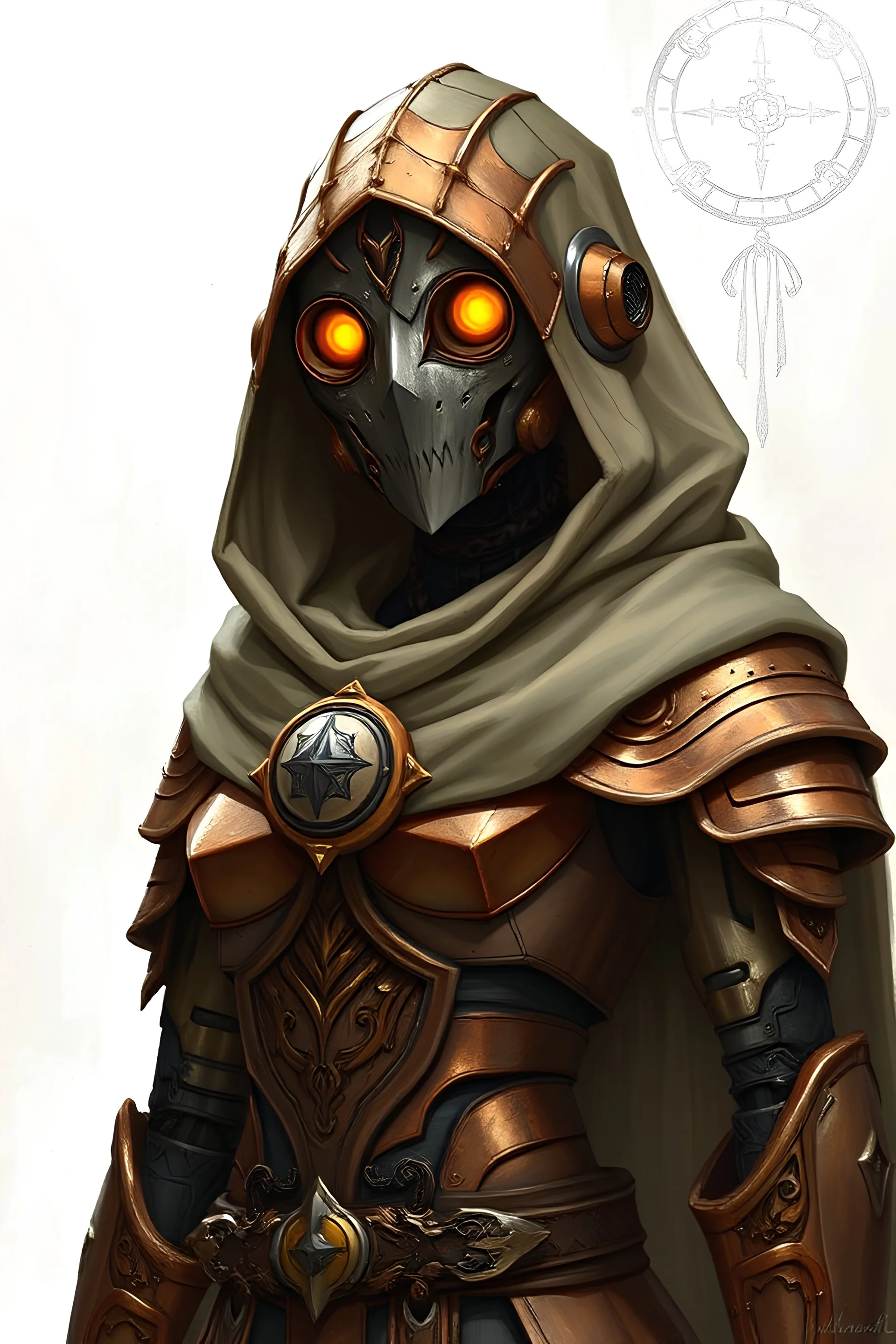 Female Warforged robotic cleric, with round glowing eyes, cloak, wearing copper armor, medieval style, dungeons and dragons, full body