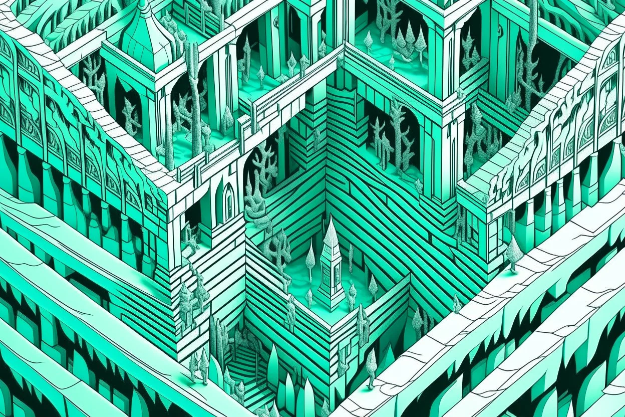 A mint colored sinister empire painted by MC Escher