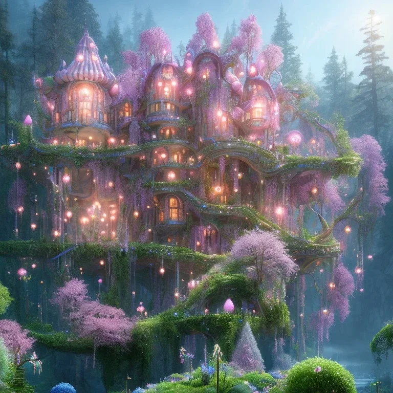 a magical flower wriggling peas house in the woods, pink vertical, blue lake,sharp, vines, candlelit, endor, ornate, elegant, highly detailed, artstation, concept art, smooth, sharp focus, illustration, 8k, splash art, wallpaper, key visual