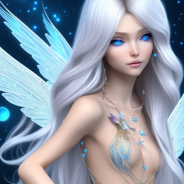  beautiful, soft, smiling, long and straight blonde hair, bluish background, fairy wings on the back