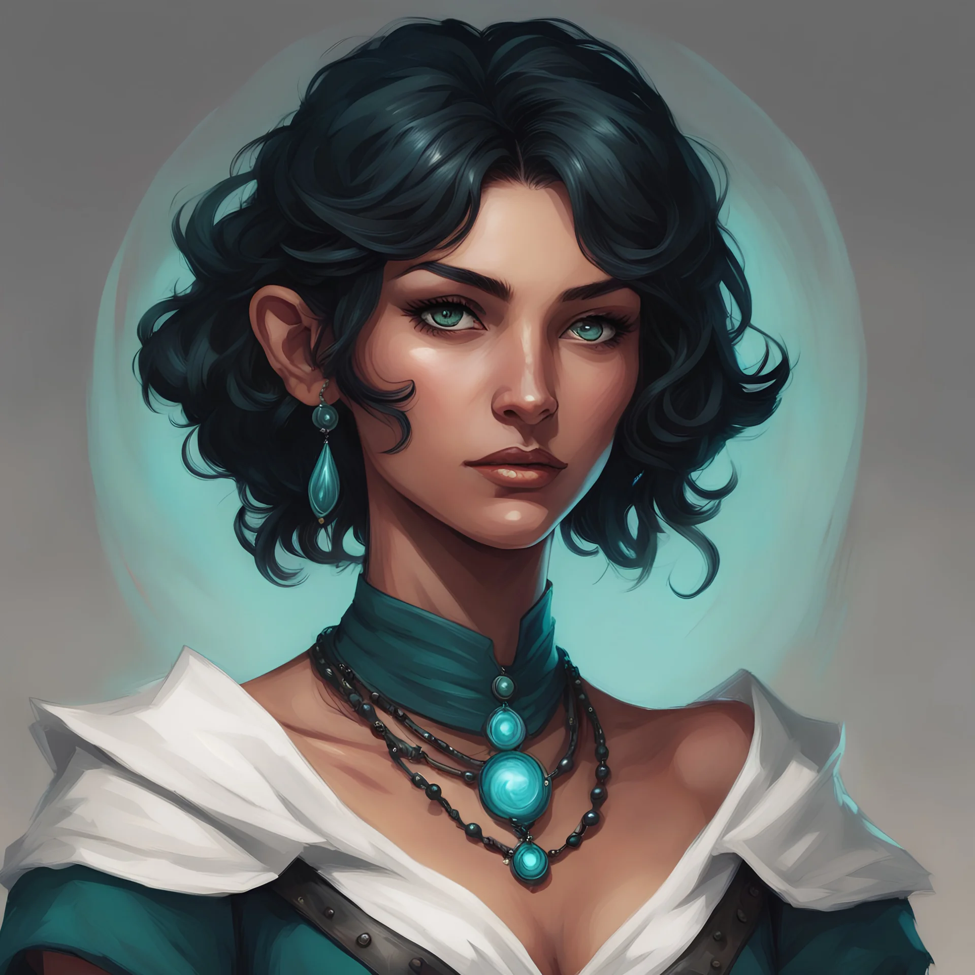 dungeons and dragons human female warlock, tanned skin, short length wavy ink black hair, hair that reflects a dark teal hue, light gray eyes that glow, tan skin, wears off the shoulder white peasant top, wears a choker necklace made of black pearls , portrait