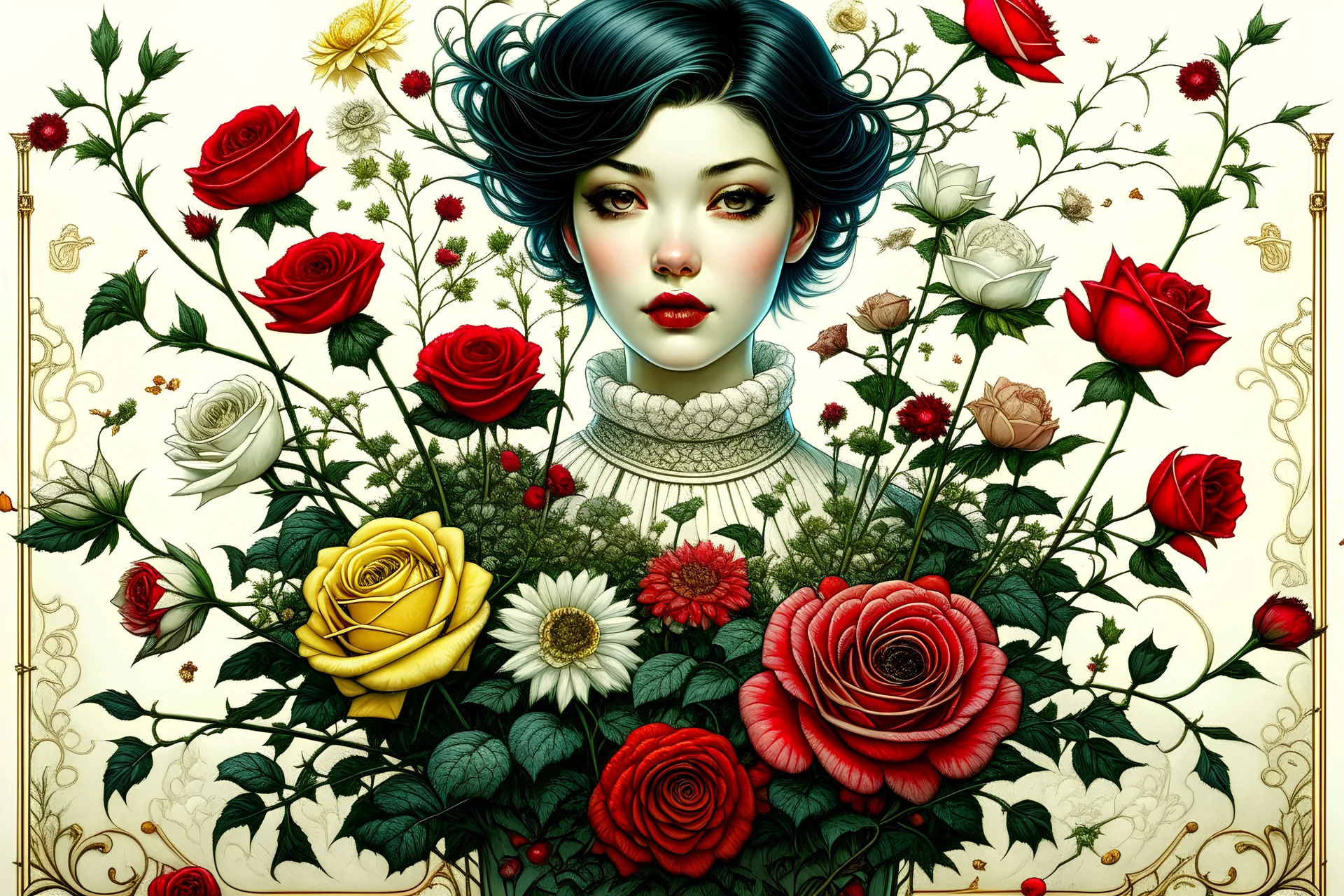 A full portrait of a beautiful colorful roses bouquet in a vase, Van Gogh Style, within frame, facing frontal, with very detailed red machine components, white background, cream color background, bright background landscape, ornate, intricate, complex, highly detailed, digital painting, smooth, art by tom bagshaw, akihiko yoshida, highly detailed, realistic, Van Gogh.