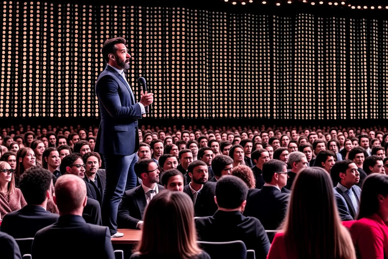 The image shows a confident speaker on stage, addressing a large audience with enthusiasm. The audience seems distracted and interested, and the setting exudes an atmosphere of elegance and impact.