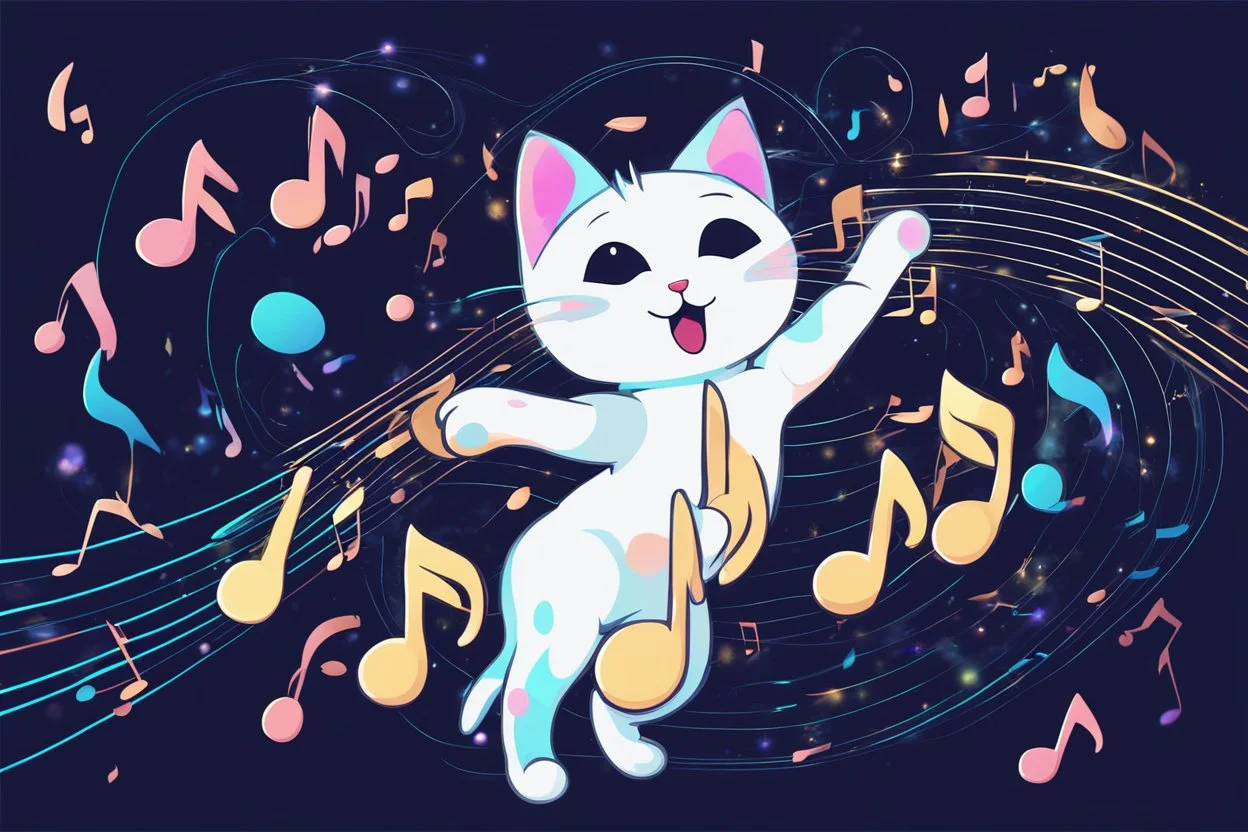 cute chibi dynamically dancing cat, holographic, bioluminescent, an image visualizing musical notes in an abstract and dynamic composition. Let the musical notes dance in the air, forming a symphony of shapes and symbols that convey the essence of sound. Show the notes floating and intertwining in air, creating a visually harmonious composition