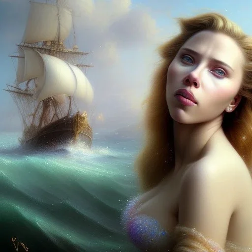 A beautiful portrait of Scarlett Johansson as a mermaid , leaning on a ships deck ,Rough sea in the background, (digitall art by Eugene de Blaas and Ross Tran, vibrant color scheme, highly detailed, in the style of romanticism, cinematic, artstation best quality, realistic lighting, masterpiece portrait, details light dusting , cowboy shot from above, simple chain hauberk Vector art digital illustration 3D shading )