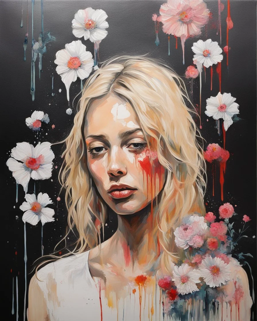 portrait, acrylic, fine drawing, blonde, woman, flowers, paint drips