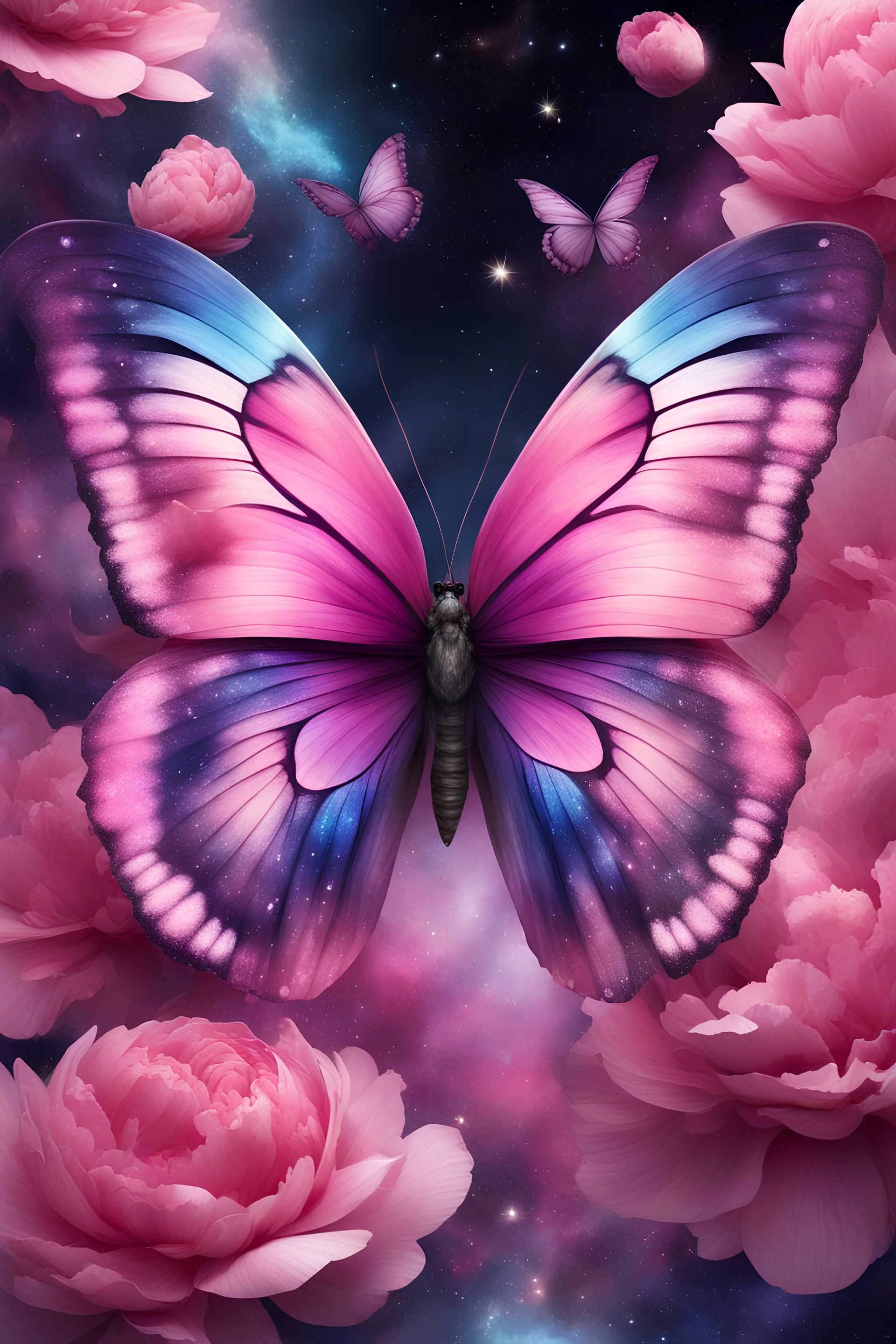 Experience a visually stunning butterfly, rendered in peony tones and complemented by a mesmerizing abstract universe that will leave you in awe