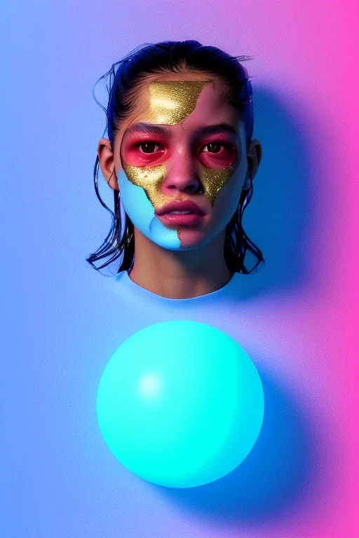 Ultra Realistic image, Rosalía artist, waist up portrait, black eye line, sweet angry face, geisha hair style, spray line make up, geometric, gold, big rings piercing, led ornament, bubble latex coat, inflatable, cold, led lights, pop style, pink, blue, gold, vibrant color, highly detailed, art stations, concept art, smooth, unreal engine 5, god rays, ray tracing, RTX, lumen lighting, ultra detail, volumetric lighting, 3d, finely drawn, high definition, high resolution.