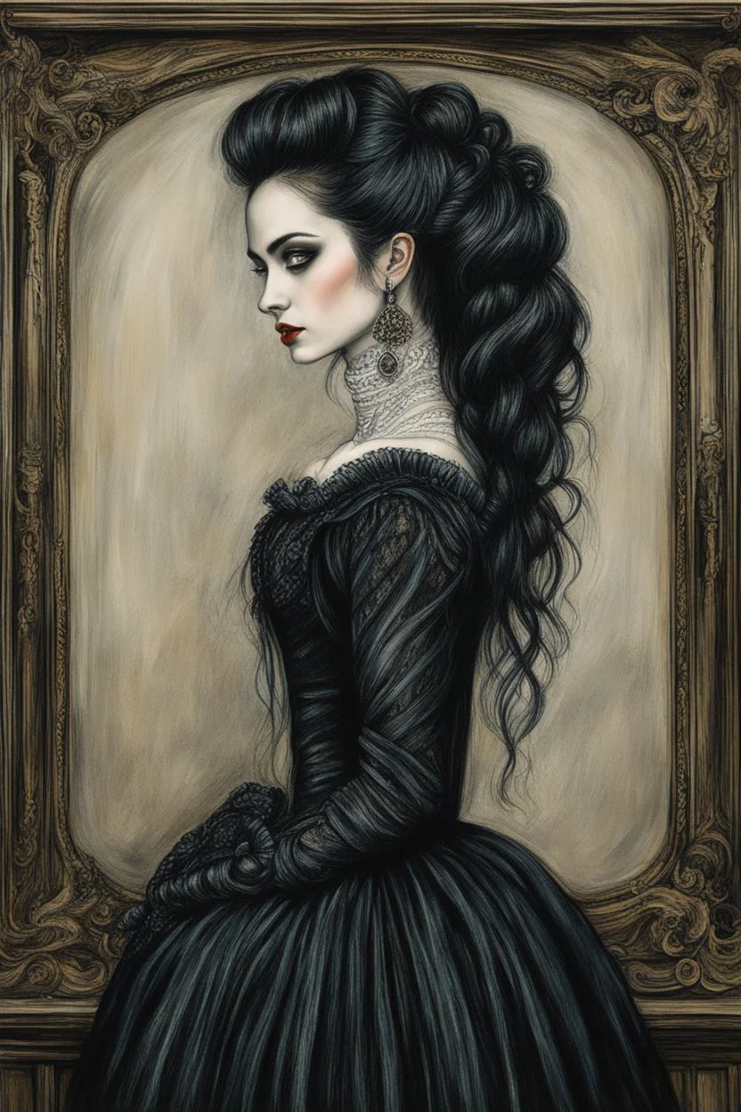 create a 3/4 profile, full body oil pastel of a dark haired, savage, ornately dressed, gothpunk vampire girl with highly detailed , sharply defined hair and facial features , in a smokey 19th century drawing room in the style of JOHN WILLIAM WATERHOUSE