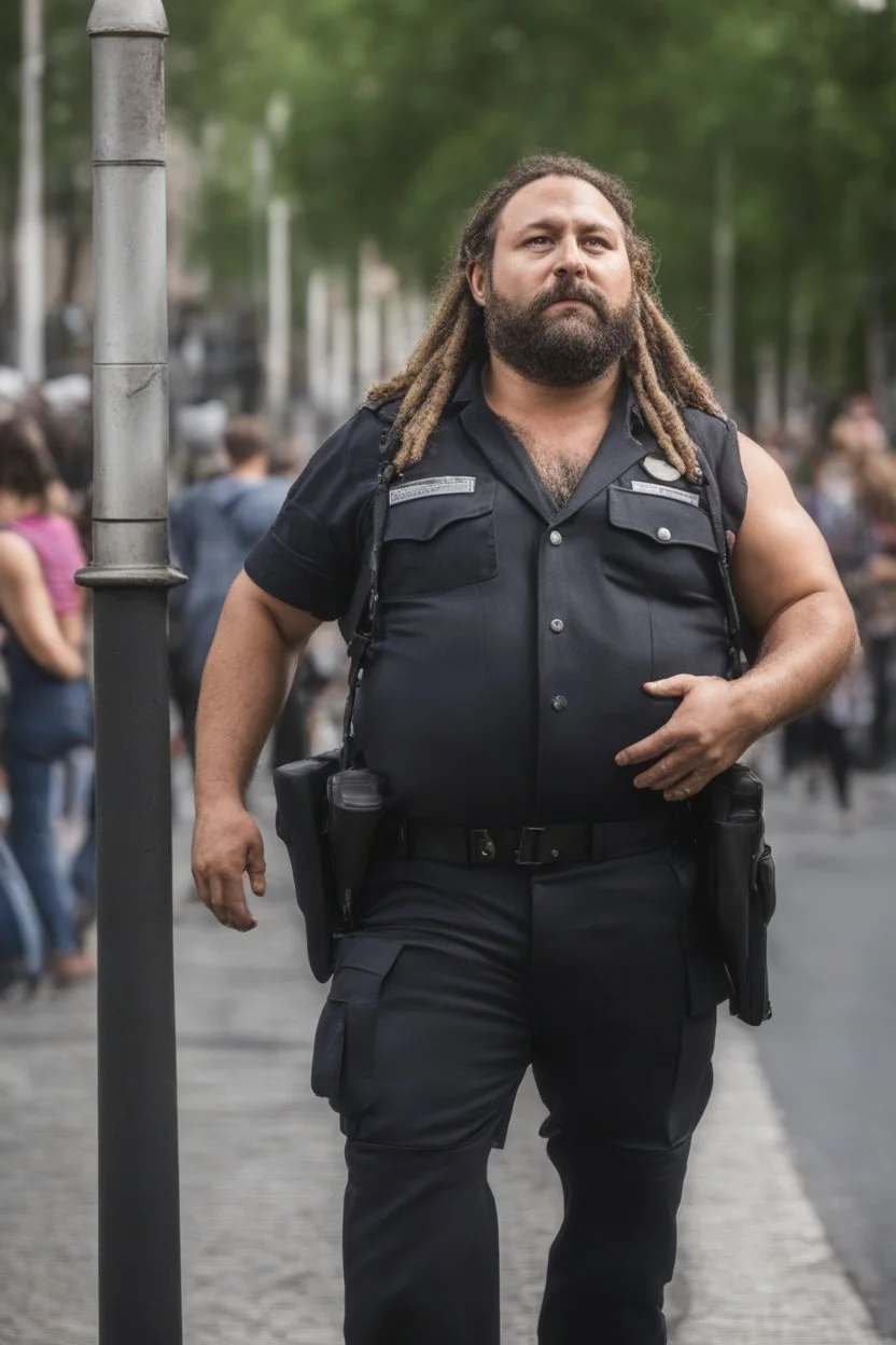 half figure shot photography strong chubby burly 39 years old neapolitan policeman, curly beard, dreadlocks, shirtless, manly chest, bulging trousers, in the sun, leaning against a lamppost in the middle of a crowded street, side light, sweat and wet