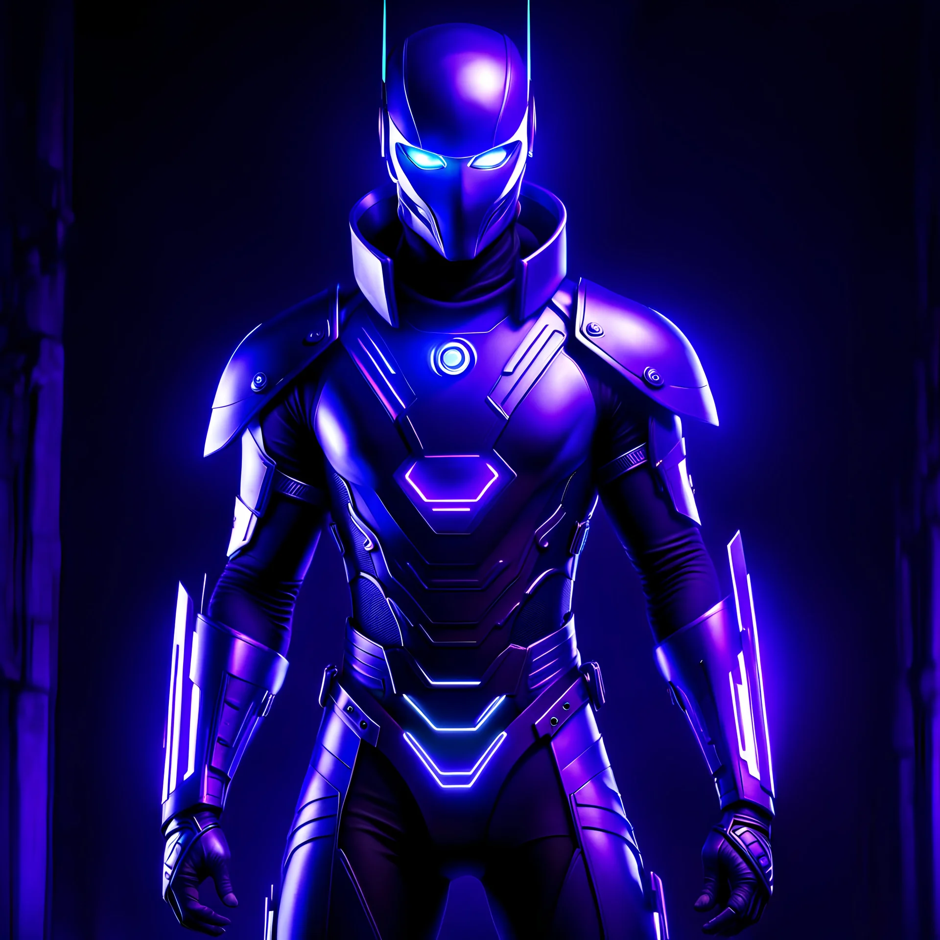 Dark Cyborg male Shinobi, purple bodysuit, cybernetic, stealthy, futuristic, ninja, high-tech, augmented, bionic, shadows, mechanical limbs, ancient art, traditional, cybernetic eye, neon-lit, mysterious, haunting, dystopian, hidden in shadows, enigmatic, desolate, cyberpunk, eerie, ninja mastery, glowing cybernetics,