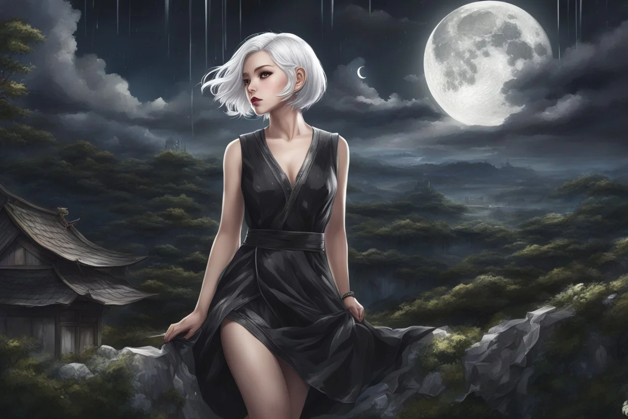 girl in 8k realistic anime drawing style, short white hair, fantasy world, moon, black dress, rain, highly detailed, high details, detailed portrait, masterpiece,ultra detailed, ultra quality