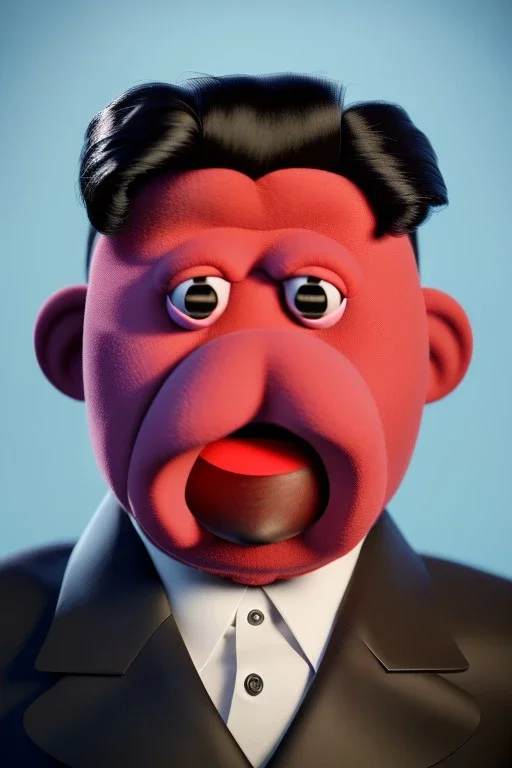 Waist up muppet Portrait, Kim Jong-un muppet doll, black suit, photo studio, red background, unreal engine 5, concept art, art station, god lights, ray tracing, RTX, lumen lighting, ultra detail, volumetric lighting, 3d.