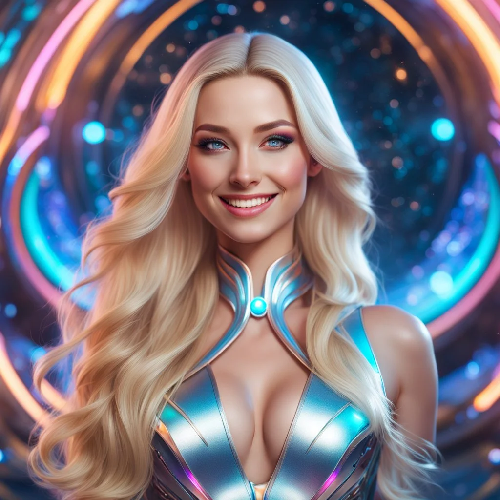 (masterpiece, best quality, 8k, RAW photo, beautiful and aesthetic:1.2), complex detail, Indirect light, photorealistic, (((full body))), 2 Cosmic <russian goddess smiling, long curved blonde hair, colorfull Sci-Fi environment